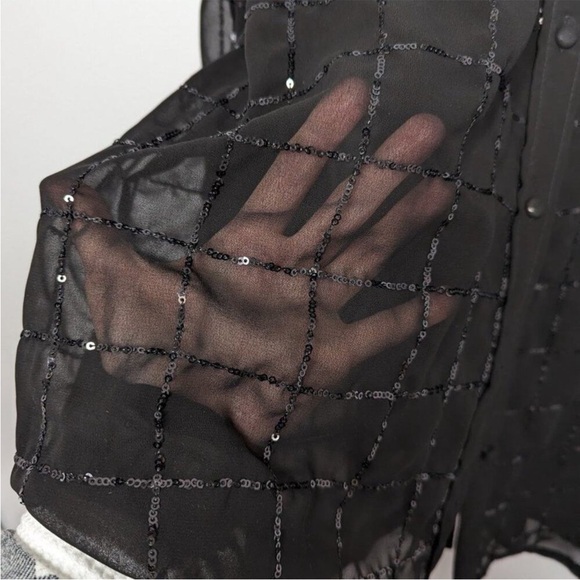 Anthropologie Rinku Dalamal Black Sequin Shirt Dress Long Sleeve Sheer Button Up - Picture 6 of 11